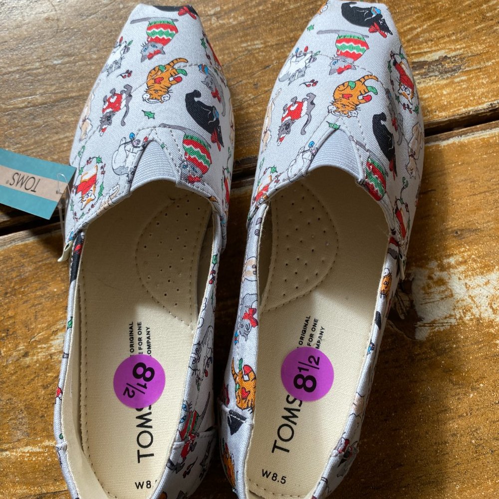 NWT Tom's Belmont Holiday Cat Christmas Slip-Ons Sz 8.5
